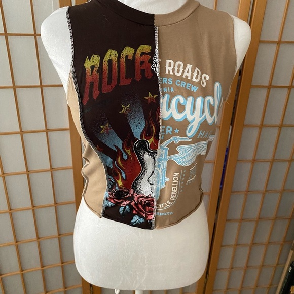 New Nwt Madrag Crop Motorcycle Rock Tank Top Juniors Large Brown Grunge Graphic - Picture 1 of 5